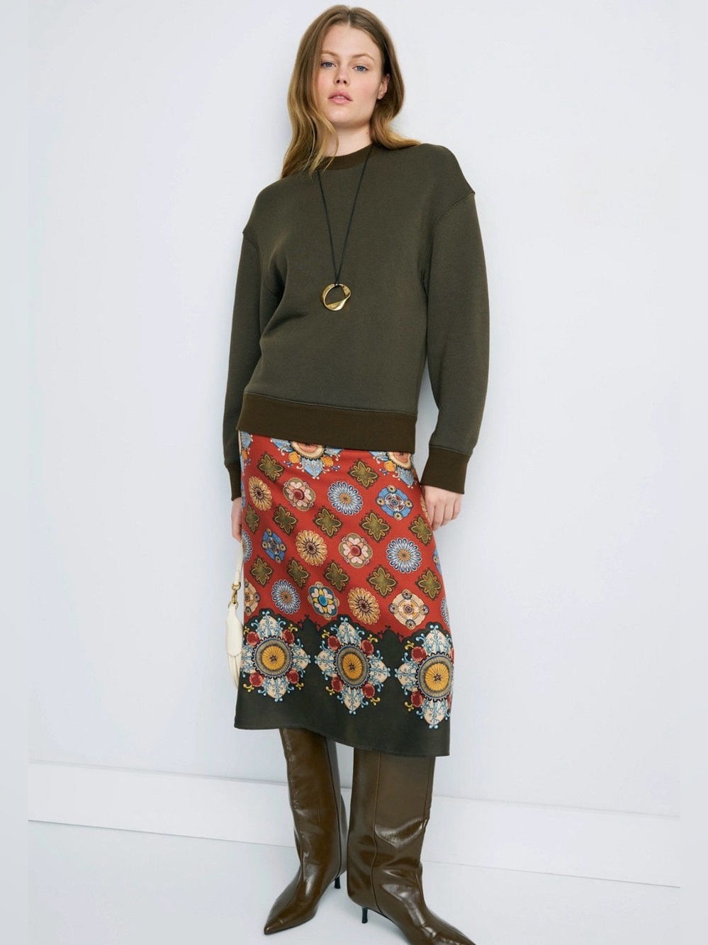 La DoubleJ Sporty Sweatshirt Pencil Dress XS Olive Green Silk Print $890